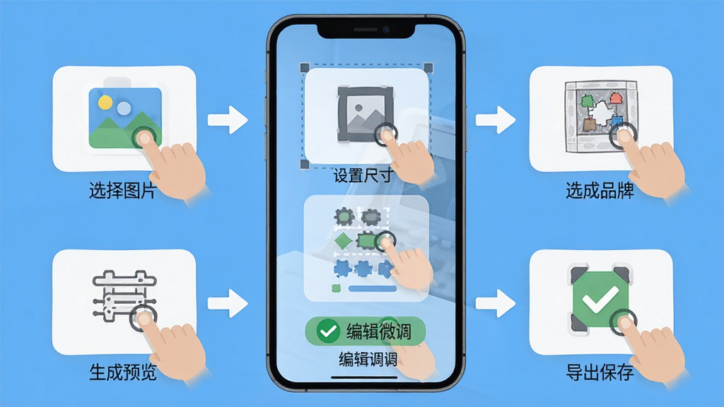 拼豆图纸免费生成的新手操作流程图,画面以手机屏幕为载体,分步骤展示从导入图片到导出图纸的完整流程,包括选择图片、设置尺寸、选择品牌、生成预览、编辑微调、导出保存六个环节,每个环节用箭头连接,布局为纵向流程图,排版清晰,风格为扁平化教学插画,细节包括手指点击图标、进度指示、完成勾选标记,画质高清,干净无多余元素