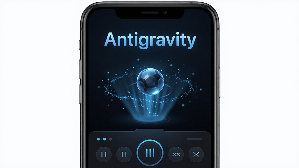 Antigravity软件主界面预览图,主体为手机屏幕中央显示反重力悬浮效果,布局为上下结构,上方是软件名称 Antigravity 字样,下方是控制面板和悬浮物体,排版简洁清晰,风格为科技感深色主题,细节包括蓝色光效和粒子动画,画质高清,画面干净,无多余元素