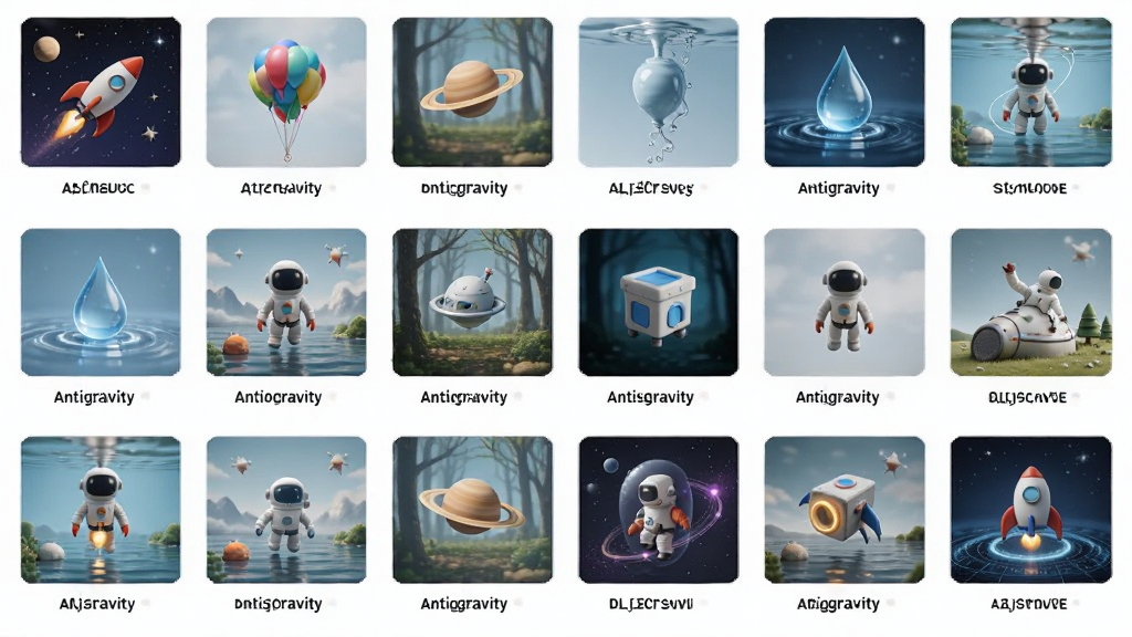 Antigravity多场景预设展示图,主体为多个场景缩略图排列,布局为网格状,排版整齐,风格为清新简约,细节包括太空、气球、水滴等图标与名称,画质高清,画面干净,无多余元素