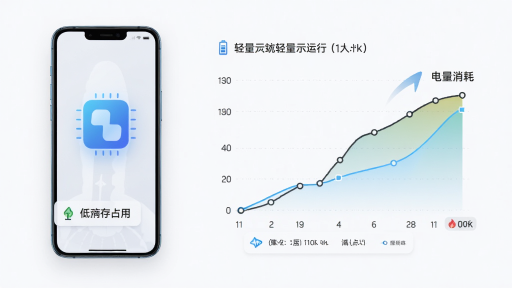 Antigravity轻量运行示意图,主体为手机与性能曲线图,布局为左右结构,排版简洁,风格为商务科技,细节包括低内存占用、低电量消耗等标识,画质高清,画面干净,无多余元素