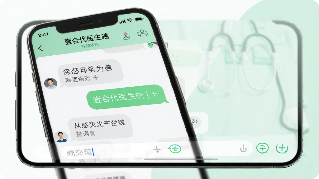 一部手机展示“壹合代医生端”的在线咨询聊天界面,屏幕中有医生与患者的对话气泡,顶部显示医生在线状态,背景为柔和的白色与浅绿色搭配,布局清晰,风格现代医疗,细节展示聊天气泡和输入框,画质高清,干净,无多余元素。
