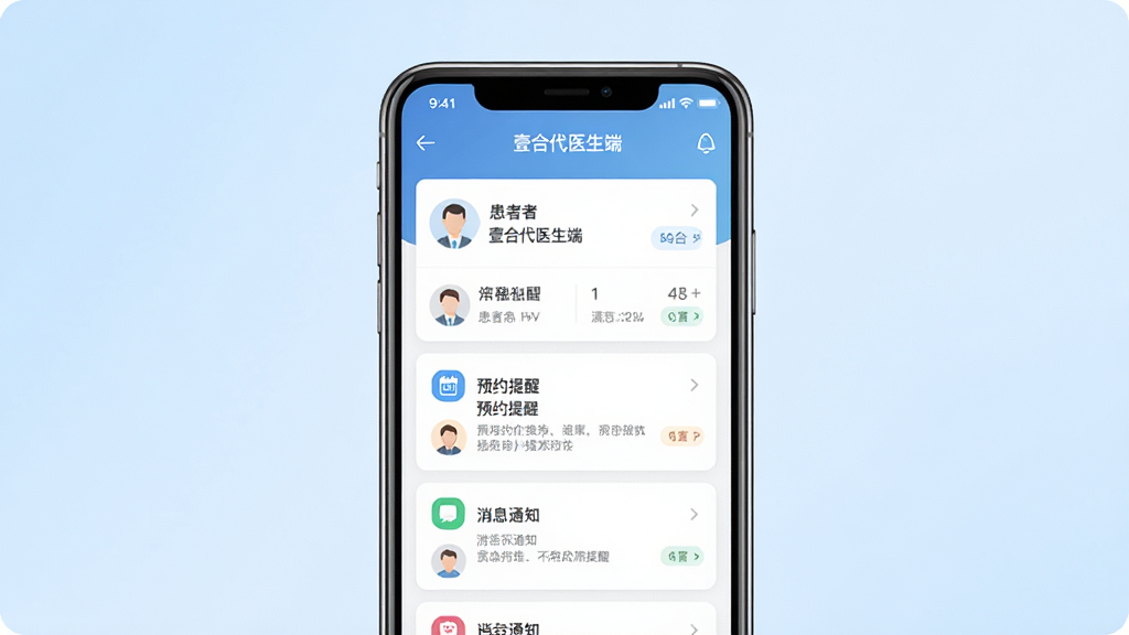 一款名为“壹合代医生端”的医疗手机应用界面展示图,画面中央是一部智能手机,屏幕显示医生工作台首页,包含患者列表、预约提醒和消息通知卡片,背景为干净的浅蓝色渐变,布局居中对称,风格专业简约,细节清晰展示图标与文字,画质高清,干净,无多余元素。