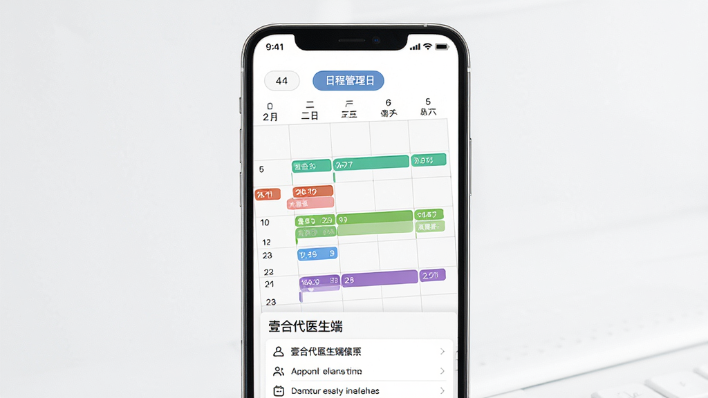 手机屏幕展示“壹合代医生端”的日程管理日历界面,日历中标注了多个彩色日程条目,顶部有日期切换按钮,底部有日程列表卡片,布局规整,风格商务简洁,细节展示日期数字和彩色标签,画质高清,干净,无多余元素。