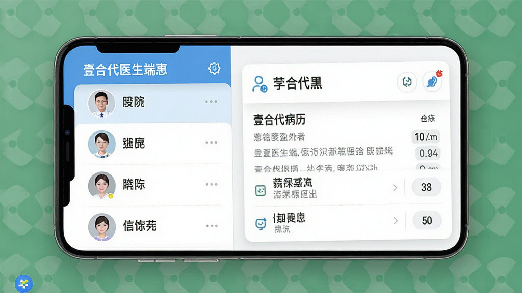 手机屏幕中展示“壹合代医生端”的患者管理列表界面,左侧是患者头像和姓名列表,右侧是详细的病历卡片,整体采用卡片式布局,风格清新专业,细节展示图标和文字清晰,画质高清,干净,无多余元素。