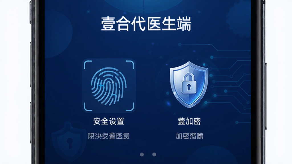 一部手机屏幕显示“壹合代医生端”的安全设置页面,页面中有指纹识别图标和加密盾牌图标,背景为深蓝色科技感渐变,布局居中,风格安全防护,细节展示锁形图标和文字说明,画质高清,干净,无多余元素。
