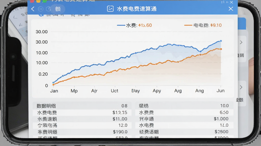 水费电费速算通软件内月度费用趋势图界面,手机屏幕显示一条蓝色折线和一条橙色折线分别代表水费和电费,横轴为月份,纵轴为金额,图表下方有数据明细列表,背景为浅灰色,风格简约商务,画质清晰,图片中带有“水费电费速算通”文字