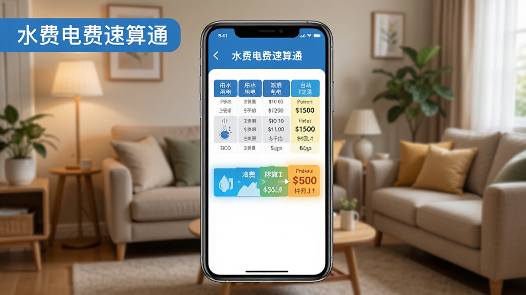 一部智能手机屏幕上显示水费电费速算通的阶梯计价界面,画面中有三档用水用电价格表格和自动高亮的当前档位,背景是温馨的家庭客厅一角,风格写实,细节丰富,画质干净,图片中带有“水费电费速算通”文字标签