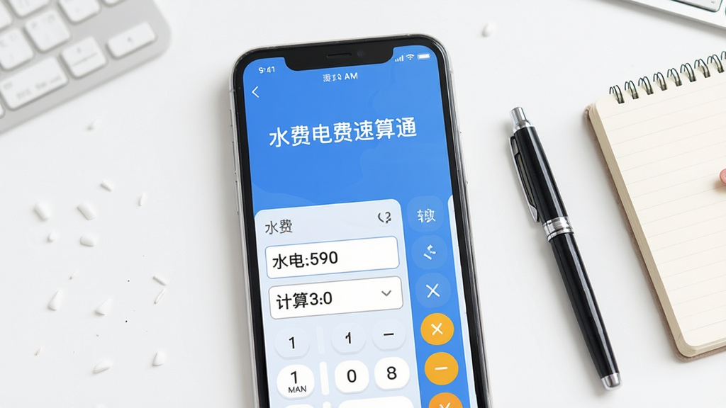 一张展示水费电费速算通软件主界面的手机屏幕截图,画面中央是简洁的蓝色调计算器界面,上方显示“水费电费速算通”字样,下方有水电读数输入框和计算结果区域,背景为干净的白色桌面,旁边放着一支笔和一个小本子,整体风格清新明亮,画质清晰,无多余元素