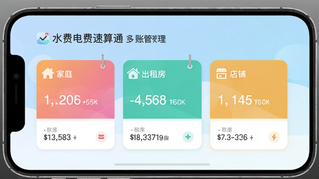 水费电费速算通多账本管理界面,手机屏幕显示三个彩色账本卡片,分别标注“家庭”“出租房”“店铺”,每个卡片上有对应的费用汇总数字,背景为淡蓝色渐变,风格清新浅色,画质干净,图片中带有“水费电费速算通”文字