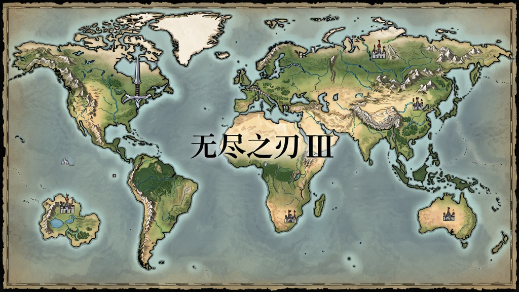 主体为无尽之刃 III 的世界地图全景,布局采用鸟瞰视角,排版展示多个区域节点,风格为奇幻地图插画,细节包括山脉、河流与城堡图标,画质高清,干净,无多余元素,地图中央写有