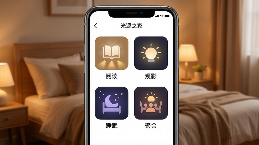 一张展示光源之家APP场景模式选择界面的图片,手机屏幕中央显示着四个场景模式图标,分别是阅读、观影、睡眠和聚会,每个图标配有对应的灯光效果示意图,背景是温馨的卧室环境,风格温馨舒适,细节包括图标的设计和文字说明,画质高清,干净,无多余元素