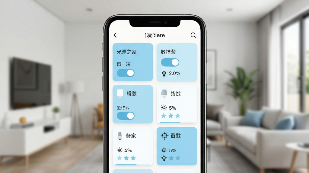 一张展示光源之家APP多设备管理界面的图片,画面中央是手机屏幕,屏幕上以网格形式排列着多个灯光设备卡片,每个卡片显示设备名称、开关状态和亮度百分比,卡片颜色以浅蓝色和白色为主,背景是模糊的现代家居环境,风格简洁明快,细节包括卡片上的小图标和文字标签,画质高清,干净,无多余元素