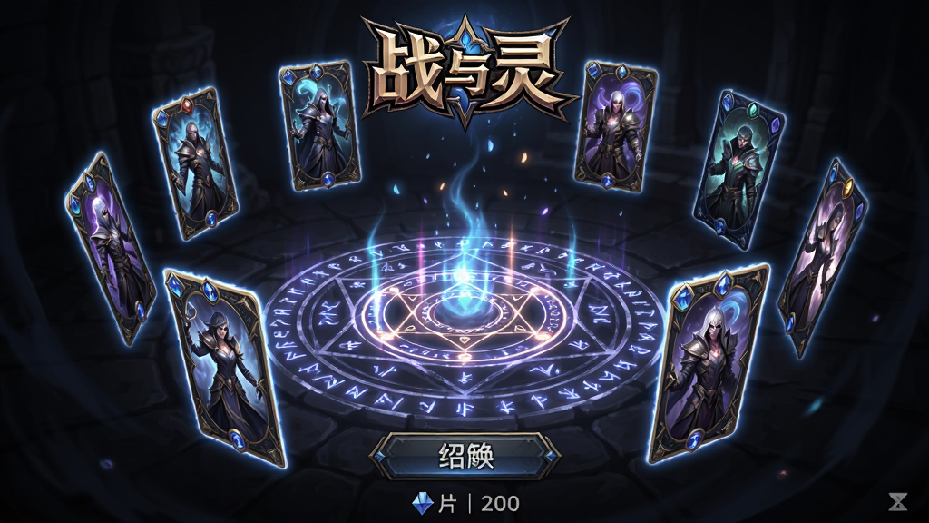 战与灵英雄召唤界面,主体为多个悬浮的灵魂英雄卡牌环绕中央召唤法阵,布局上方为“战与灵”游戏logo,下方为召唤按钮与碎片数量显示,风格为暗黑魔幻卡牌风,细节包含卡牌发光边框、灵魂粒子上升、法阵符文旋转,画质高清,干净无多余元素
