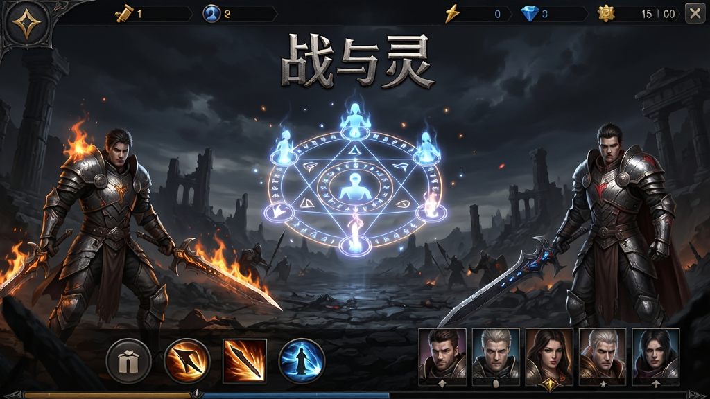 战与灵游戏主界面预览图,主体为暗黑魔幻风格的奇幻大陆战场,中央悬浮着发光灵魂法阵,两侧站立持武器英雄角色,布局上方为游戏标题“战与灵”与资源栏,下方为技能按钮与队伍头像,竖版手机屏幕构图,风格为暗黑魔幻写实,细节包含灵魂火焰粒子、金属铠甲纹理、战场废墟背景,画质高清,干净无多余元素