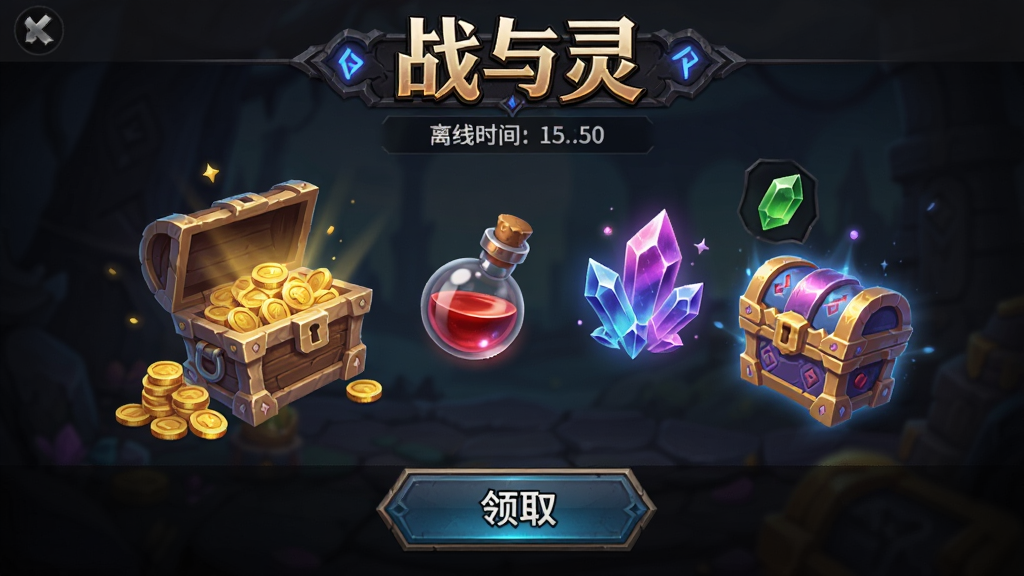 战与灵离线收益领取界面,主体为宝箱与资源图标漂浮,布局上方为“战与灵”标题与离线时长,下方为领取按钮,风格为暗黑魔幻休闲风,细节包含金币堆、经验药水、灵魂结晶、发光宝箱,画质高清,干净无多余元素