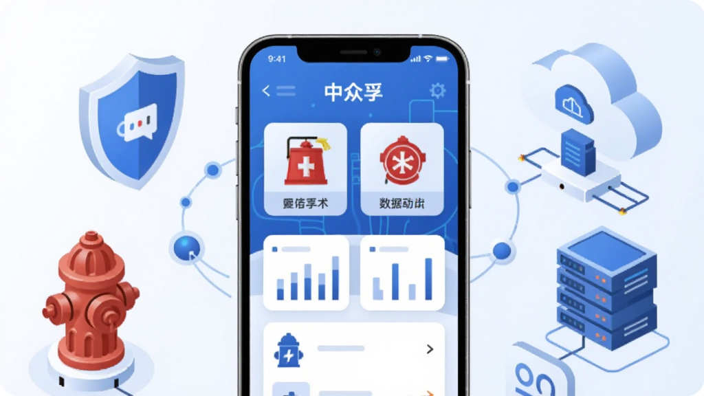 画面中央展示一部智能手机,手机屏幕上显示“中众孚”应用主界面,界面包含消防设备图标、数据图表、蓝色科技感背景与白色卡片布局,手机周围环绕盾牌、数据节点、消防栓、云端服务器等元素,整体采用扁平化科技风格,蓝白配色为主,画面干净整洁,高清画质,无多余杂乱元素