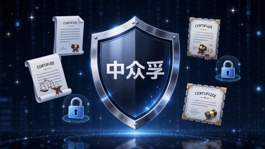 画面中央为一块悬浮的数据盾牌,盾牌上显示“中众孚”标识,盾牌周围环绕法律文书、认证证书、数据锁等图标,背景为深蓝色星空与数字矩阵,风格庄重安全,细节精致,画质清晰,无多余元素