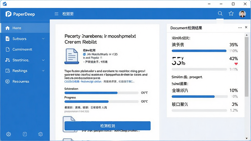 一张展示PaperDeep软件主界面的预览图,画面中央是软件主窗口,左侧为功能导航栏,右侧为文档检测结果展示区,整体布局清晰简洁,采用蓝白配色风格,界面中显示着论文查重报告和相似度百分比数据,细节上包含文档图标、进度条和检测按钮,画质清晰,干净利落,无多余元素。