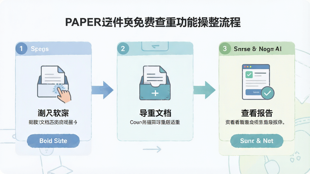 一张PaperDeep免费查重功能的操作流程图,画面以步骤形式展示从打开软件、导入文档到查看报告的完整流程,每个步骤配有简洁图标和文字说明,整体风格扁平化设计,配色清新淡雅,细节上包含箭头指引、步骤编号和功能按钮,画质清晰,布局规整,无多余元素。