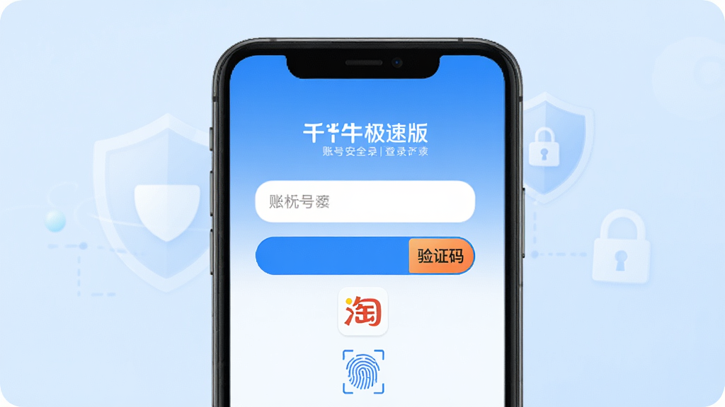 千牛极速版 账号安全登录界面 主体为手机屏幕显示登录页面 包含手机号输入框 验证码按钮 淘宝账号图标 扫码入口 布局居中 背景为淡蓝色渐变 风格为安全科技感 细节有盾牌图标 锁形图案 指纹识别符号 画质高清 干净 无多余元素