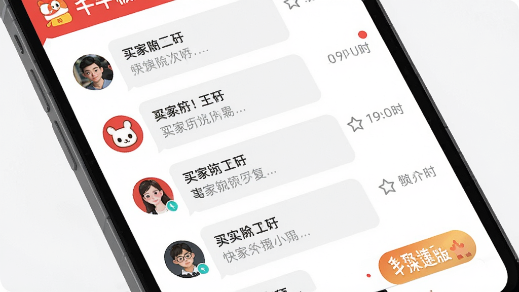 千牛极速版 消息聚合界面 主体为手机屏幕显示多个买家会话气泡 布局为会话列表从上到下排列 有头像 消息预览 时间戳 背景为白色卡片式设计 风格为清新扁平化 细节包含未读红点 置顶图标 快捷回复按钮 画质高清 干净 无多余元素