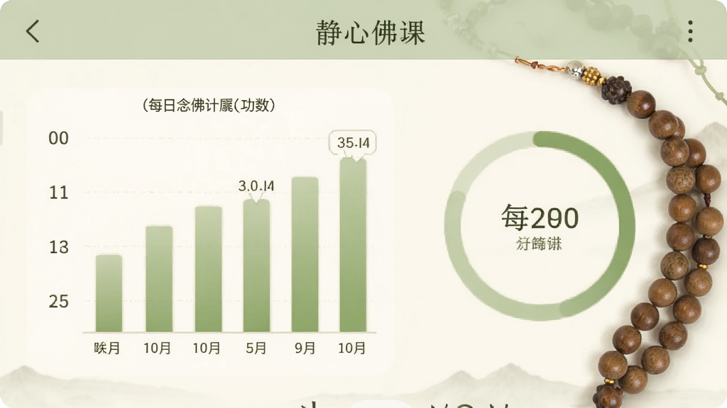 静心佛珠应用的功课记录页面截图,画面以淡绿色和米色为主,显示每日念佛计数柱状图与圆形进度环,旁边有一串小佛珠装饰,界面布局清晰简洁,风格清新雅致,画质干净,无多余元素
