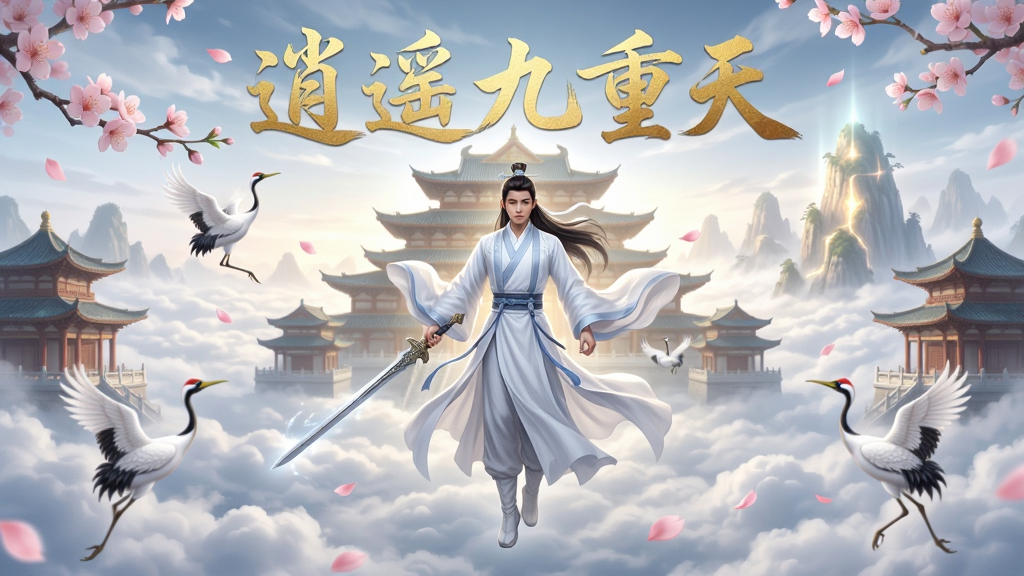 画面中央展示一位身穿飘逸白色仙袍的年轻修行者,手持长剑凌空而立,身后是层层叠叠的云海与九重天宫建筑群,布局采用居中对称构图,排版上方留白处用金色书法字体写着