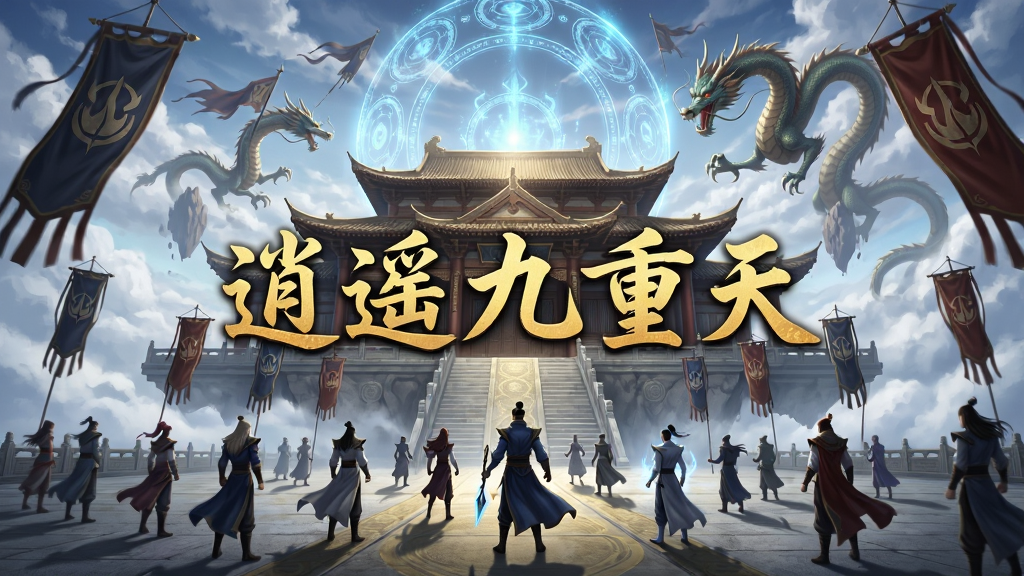 画面展示一座悬浮在云端的仙盟宫殿,多位仙侠角色在殿前广场上集结,布局采用大远景仰视角度,排版正中央用金色大字写着