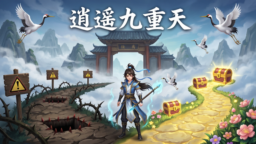 画面展示一位新手仙侠角色站在云雾缭绕的山门前,面前有两条岔路,左侧道路布满荆棘与陷阱,右侧道路铺满金光与鲜花,布局采用左右对比构图,排版上方用白色字体写着