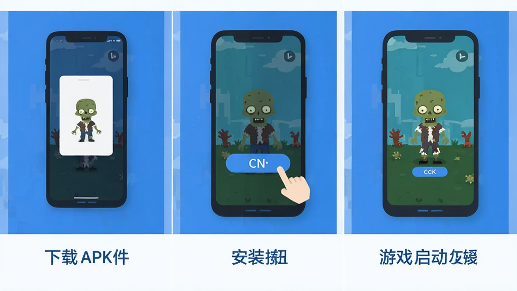 僵尸火力手机端安装步骤示意图,画面分为三格,分别展示下载APK文件、点击安装按钮、游戏启动加载界面,每格配有简洁的文字说明,整体风格清爽扁平化,颜色以蓝白为主,排版清晰,画质干净,无多余元素