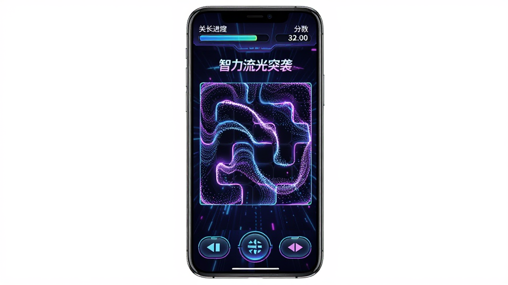 画面中央展示一款名为智力流光突袭的手机益智游戏主界面,采用竖屏布局,顶部显示关卡进度与分数,中间是流光粒子构成的动态谜题区域,底部排列操作按钮。整体风格偏向科幻霓虹,深色背景搭配蓝紫色光效,画面干净无多余元素,高清画质,适合作为软件下载站预览图。