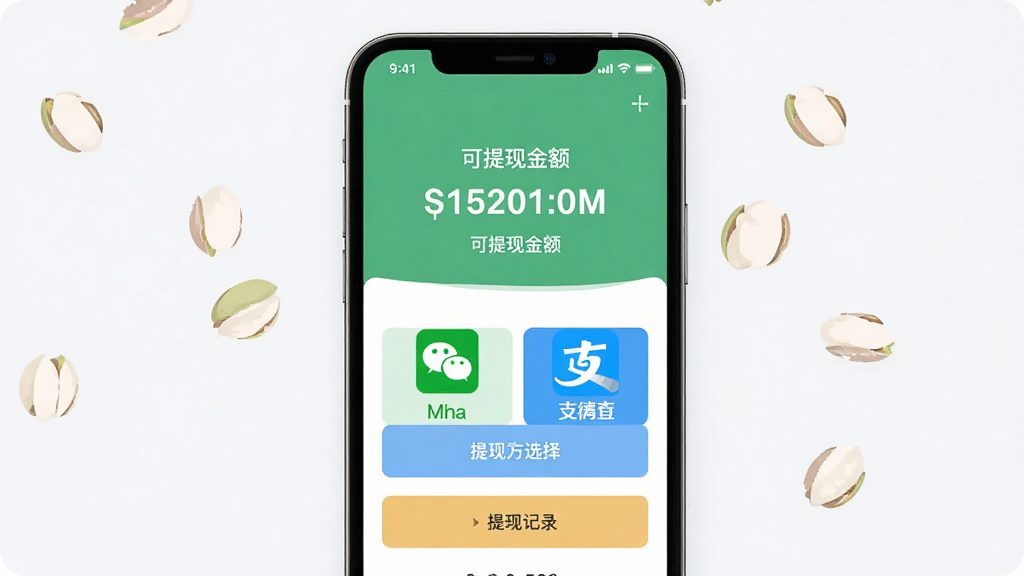 开心果多多多 提现页面展示 主体为手机屏幕显示提现操作界面 布局为上方显示可提现金额下方为提现方式选择按钮 排版简洁明了 风格为清爽的扁平化设计风 细节包括微信和支付宝图标以及提现记录入口 画质高清 干净 无多余元素
