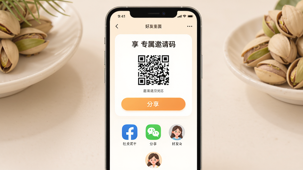开心果多多多 邀请好友分享页面 主体为手机屏幕显示邀请码和分享按钮 布局为上方显示专属邀请码下方为社交平台分享图标 排版清晰直观 风格为温馨的社交分享风 细节包括二维码和好友头像示例 画质高清 干净 无多余元素
