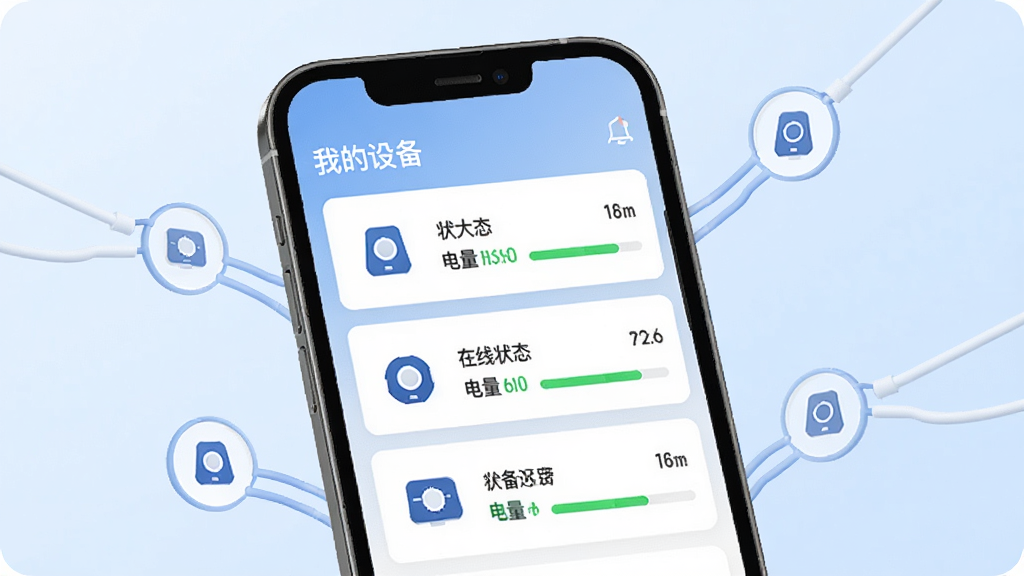 一部手机屏幕内展示“安寻物联”设备列表页面,列表卡片整齐排列,每张卡片左侧为设备图标,右侧显示在线状态与电量条,顶部有“我的设备”文字标题。背景为淡蓝渐变,手机周围漂浮若干连接线图标,风格简洁商务,画质清晰,干净无多余元素。