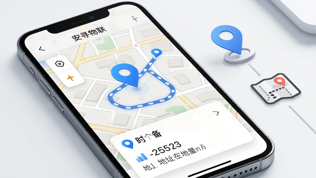 手机屏幕展示“安寻物联”地图定位界面,地图上有蓝色定位标记与轨迹线,底部弹出设备信息卡片显示时间与地址。背景为浅色地图纹理,手机旁边有定位针与路线图标,风格现代科技,细节丰富,画质高清,干净无多余元素。