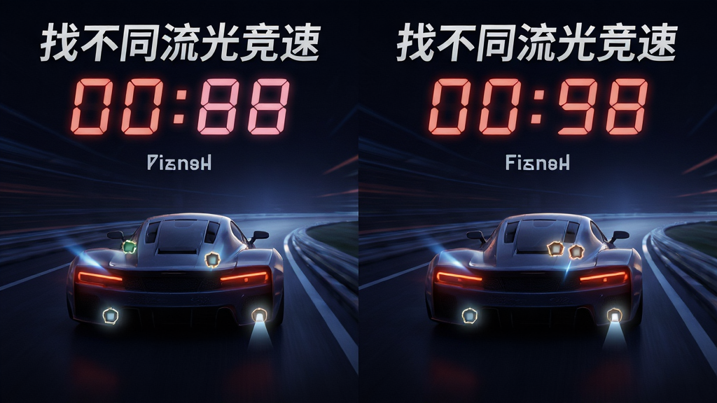 找不同流光竞速极速竞速模式界面,画面中两幅对比图并排显示,差异点用微光闪烁标记,顶部倒计时数字醒目,背景为深色渐变,突出竞速紧张感,画面中带有“找不同流光竞速”文字标识,风格简洁动感,画质高清,无多余元素