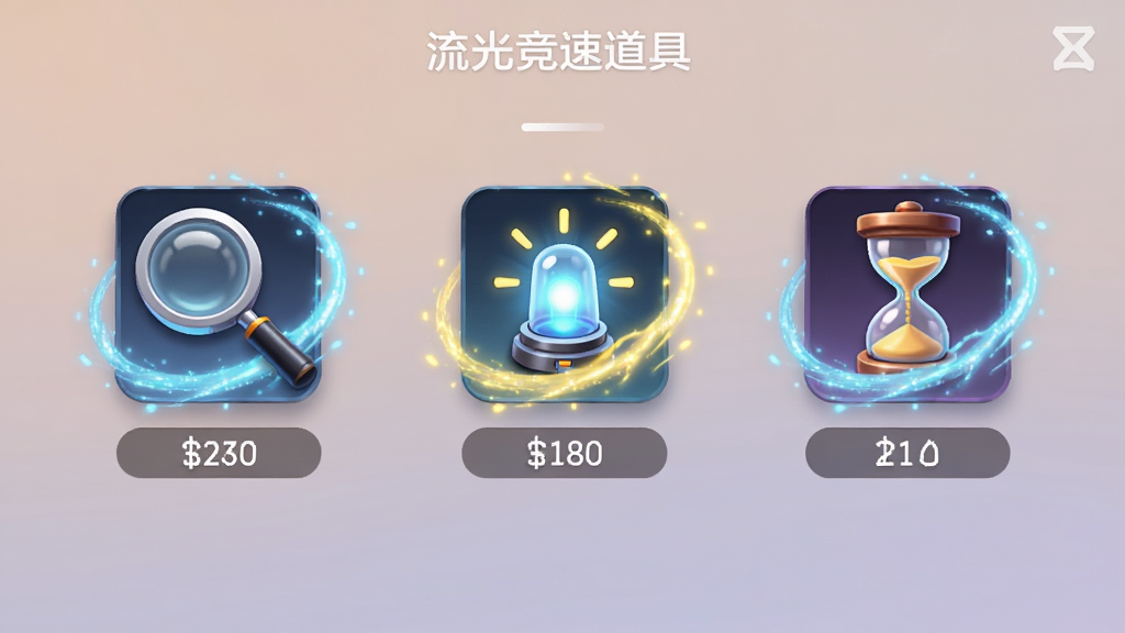 找不同流光竞速道具使用界面,画面中展示放大镜、提示灯、时间沙漏三个道具图标,每个图标下方有数量显示,背景为柔和渐变,道具图标带有流光特效,画面干净整洁,画质清晰,无多余元素
