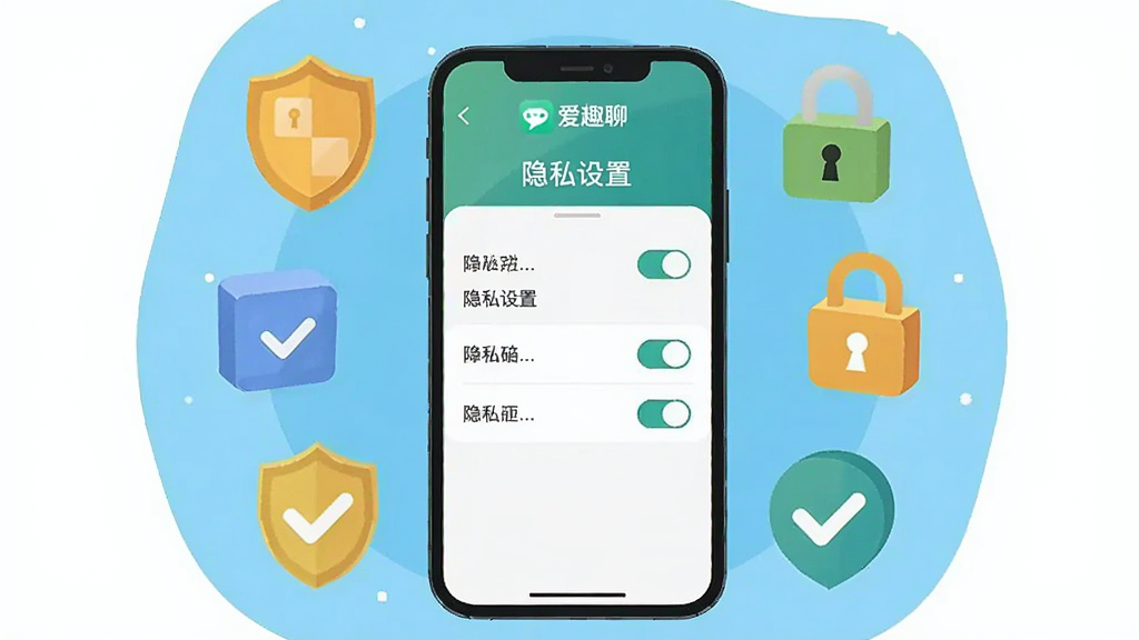 一张AI生成的扁平化插画,画面中央是一部手机,屏幕显示爱趣聊的隐私设置页面,周围有盾牌、锁头、对勾等安全符号环绕,布局为居中环形排列,风格简洁安全主题,细节包含“爱趣聊”文字标识、隐私开关图标,画质高清,干净,无多余元素