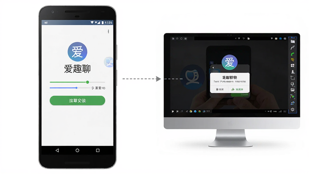 一张AI生成的教学示意图,画面左侧是一部安卓手机展示爱趣聊安装界面,右侧是电脑屏幕展示模拟器运行爱趣聊的画面,布局左右对比,风格清晰教程风,细节包含安装按钮、进度条、权限弹窗,画质高清,干净,无多余元素