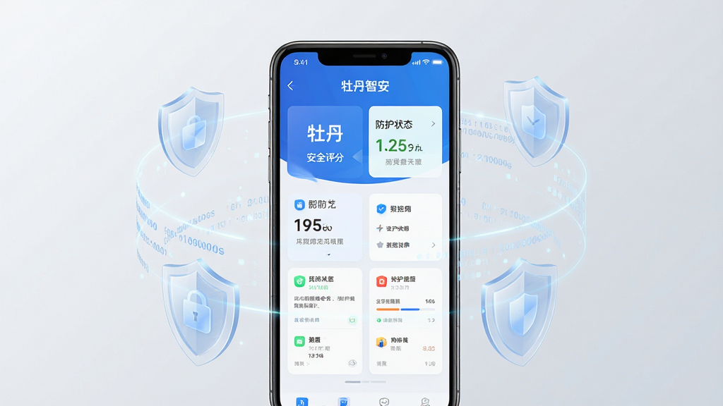 一张展示手机安全防护概念的图片,画面中央是一部智能手机,手机屏幕显示