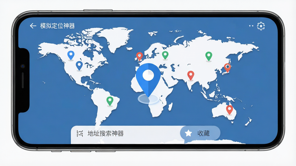 手机屏幕中央展示“模拟定位神器”软件主界面,界面包含世界地图与定位标记,地图上有一个醒目的蓝色定位图标,屏幕底部排列着地址搜索栏和收藏按钮,背景为干净白色,整体采用扁平化科技风格,细节清晰,画质干净,无多余元素