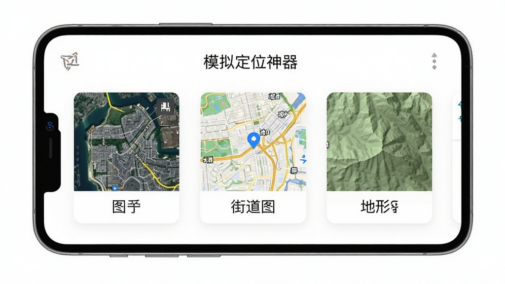 手机屏幕显示“模拟定位神器”地图切换界面,屏幕上并列展示三种不同风格的地图缩略图,分别标注卫星图、街道图、地形图,界面采用卡片式布局,背景为纯白色,图标简洁清晰,整体风格干净利落