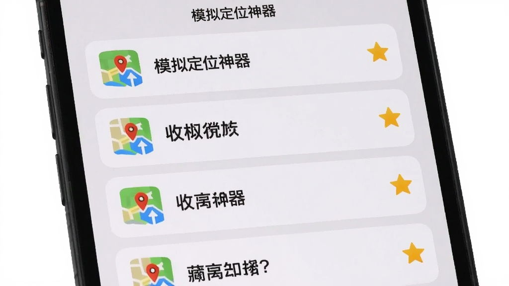 手机屏幕展示“模拟定位神器”收藏夹页面,列表中排列着多个已保存的位置名称,每个条目左侧有一个小地图图标,右侧有星标标记,界面采用圆角卡片设计,背景为浅灰色,文字清晰,画质干净,无多余元素