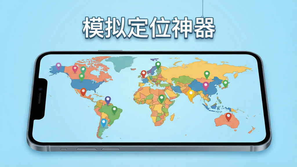 世界地图平铺在手机屏幕中,地图上有多个不同颜色的定位图钉散布在不同国家,“模拟定位神器”文字悬浮在屏幕顶部,背景为浅蓝色渐变,画面清晰明亮,扁平化设计风格,干净无多余元素