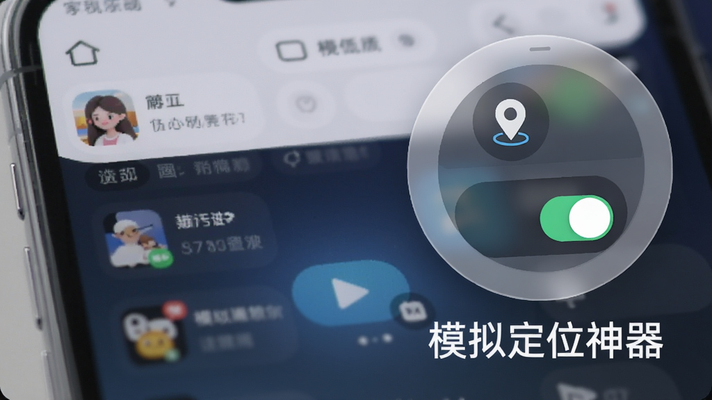 手机屏幕右上方悬浮着一个半透明的圆形控制面板,面板上有定位图标和开关按钮,背景是正在运行的社交软件界面,“模拟定位神器”文字出现在悬浮窗下方,整体风格简洁科技感,画质清晰,干净无多余元素