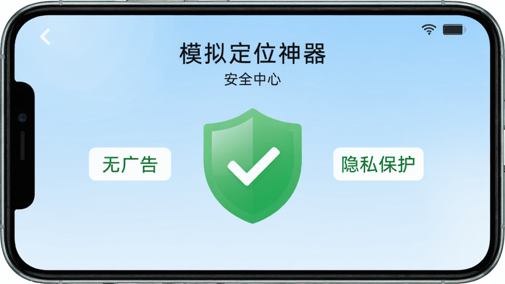 手机屏幕显示“模拟定位神器”安全中心页面,页面中央有一个绿色盾牌图标,盾牌上有一个对勾符号,周围环绕着“无广告”“无捆绑”“隐私保护”三个标签,背景为淡蓝色渐变,风格清新简洁,画质干净,无多余元素