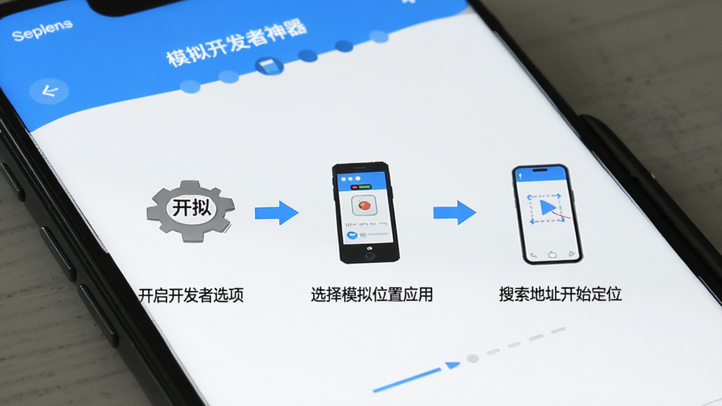 手机屏幕展示“模拟定位神器”设置向导页面,页面上有分步骤的图文指引,第一步标注开启开发者选项,第二步标注选择模拟位置应用,第三步标注搜索地址开始定位,界面采用步骤条设计,颜色为蓝白搭配,风格清晰易懂,画质干净,无多余元素