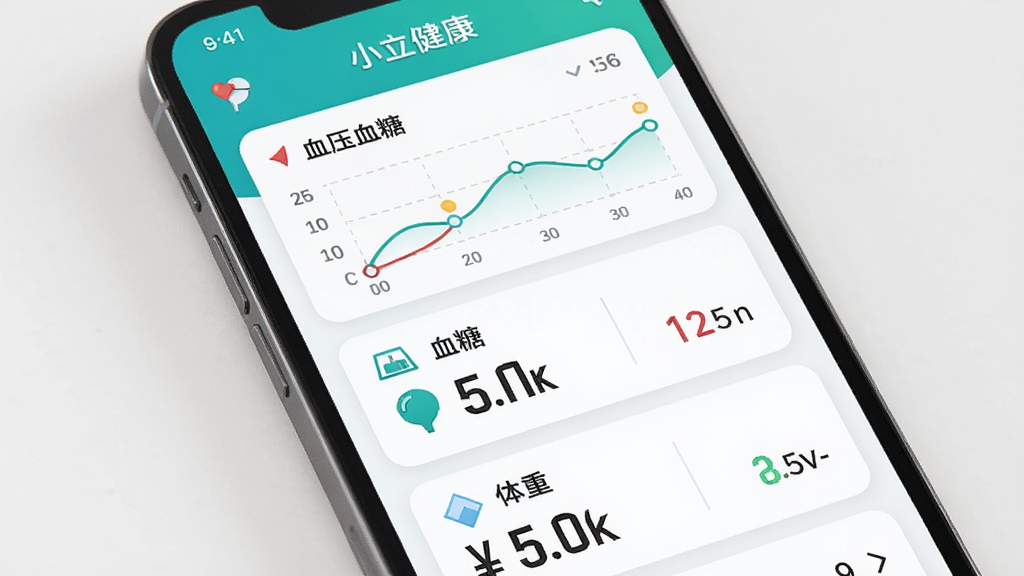 主体是手机屏幕显示小立健康APP的数据记录界面,布局为图表与数值上下排列,排版为血压、血糖、体重等指标卡片纵向分布,风格为清新健康风,细节包括折线图和彩色数据点,画质高清干净无多余元素