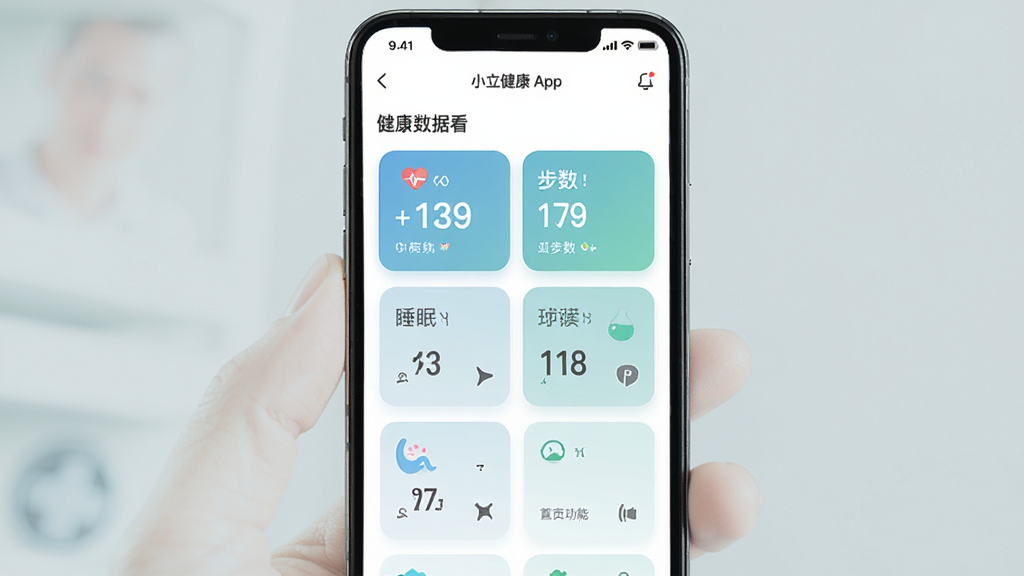主体是小立健康APP的界面截图,布局为手机屏幕居中展示,排版为首页健康数据看板与功能图标整齐排列,风格为现代简约医疗风,细节包括心率、步数、睡眠等数据卡片和柔和的蓝绿色调,画质清晰干净无多余元素