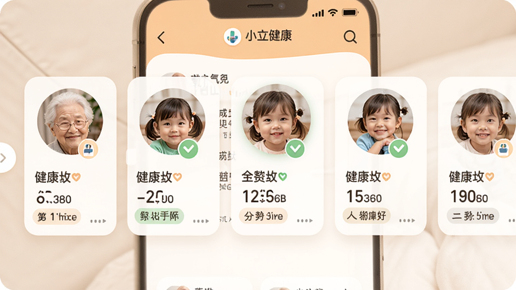 主体是小立健康APP的家庭健康档案界面,布局为成员头像卡片横向滑动,排版为每个成员的健康数据摘要,风格为温馨家庭风,细节包括老人与儿童头像和健康指标标签,画质清晰干净无多余元素
